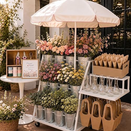 109 Pcs Flower Bar Buckets Set Kit Bloom Bar Supplies Include Wood Sign 12 Iron Bucket 12 Glass Vase Garden Flower Shears Wrapping Paper Bags Ribbon for Wedding Bridal Shower