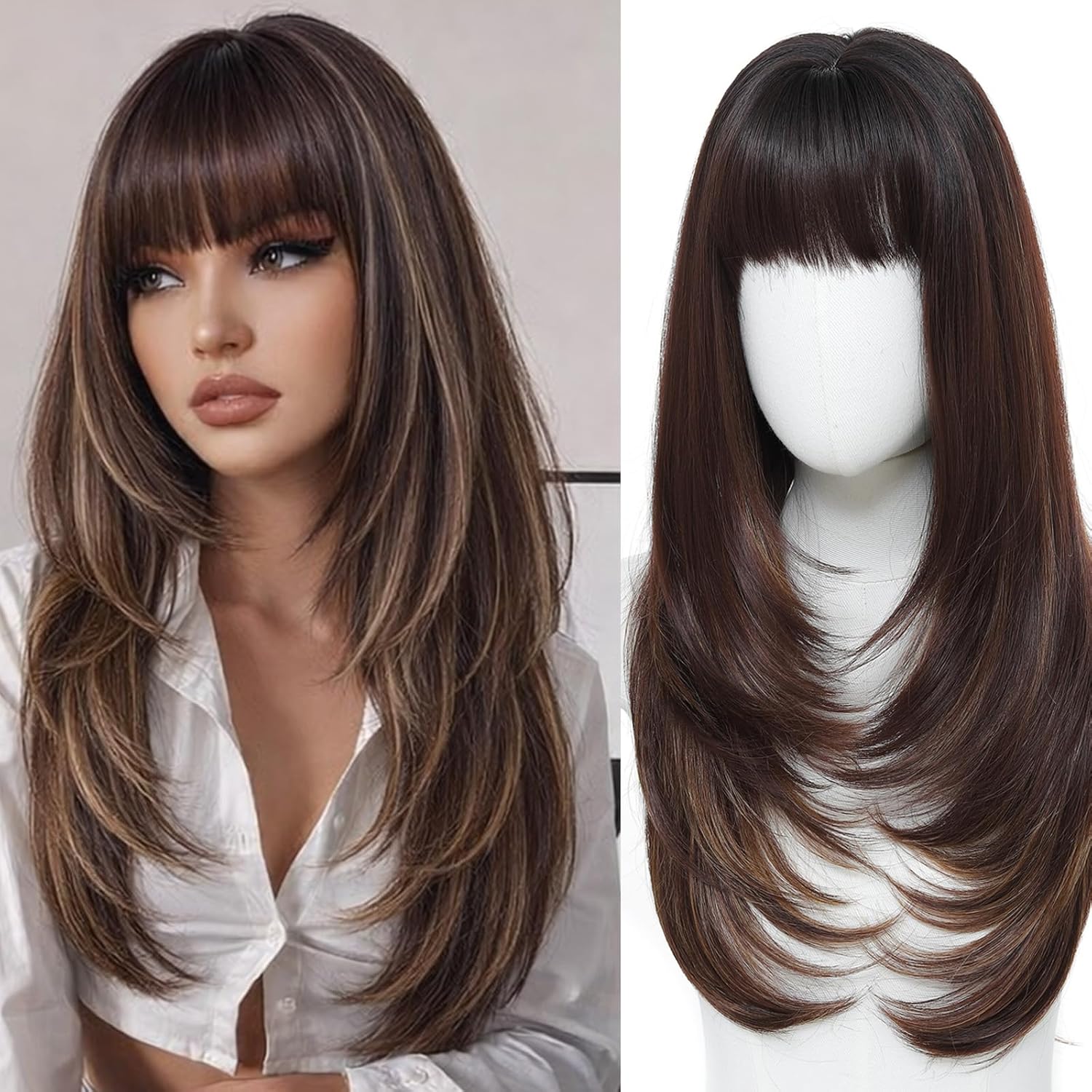 MINLEE Auburn Wig with Bangs for Women 4x4 Realistic Scalp,26 Inch Layered Auburn Hair Wigs Heat Resistant Synthetic Wigs