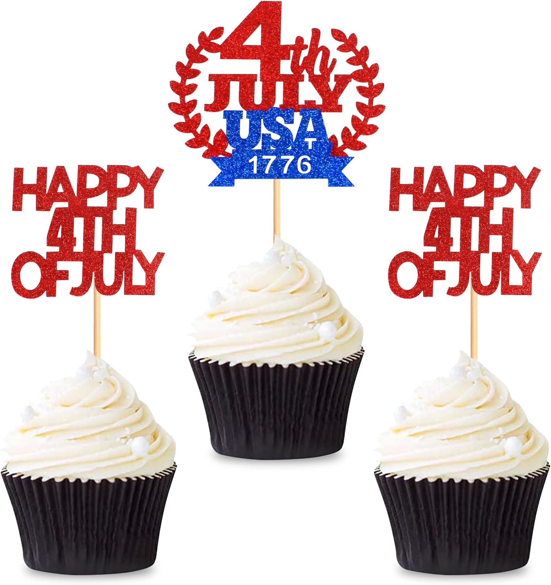 CyodoosPack of 24 Happy 4th of July Cupcake Toppers Commemorate 1776 Independence Day Cupcake Toppers Patriotic Cupcake Picks Toothpicks Decorations for Independence Day Party Supplies
