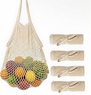 HEYIBURAN Mesh Grocery Bags 4 Pack, Reusable Cotton String Shopping Totes with Long Handles, Heavy Duty Holds 40lbs for Fa...