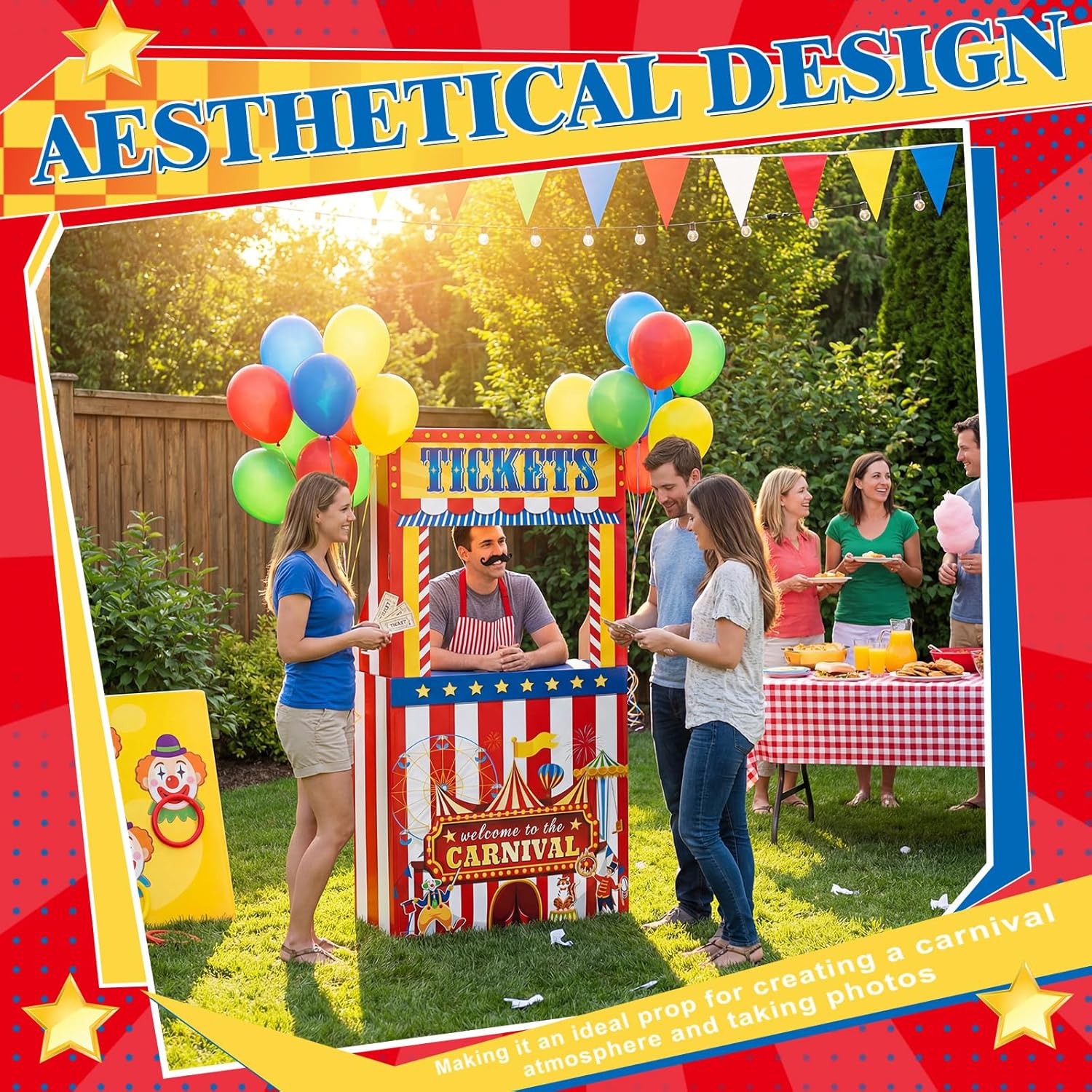 3D Carnival Circus Theme Ticket Booth, Cardboard Circus Ticket Booth Stand with a 7 Liter Water Weight Bag (No Water), Carnival Photo Prop Decorative Sign for Party Decorations Outdoor