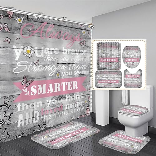 AZHM 4pcs Inspirational Quotes Shower Curtain Sets with Rugs Floral Bathroom Decor Set with Shower Curtain and Rugs and Accessories Flower Bathroom Curtain with 12 Hooks