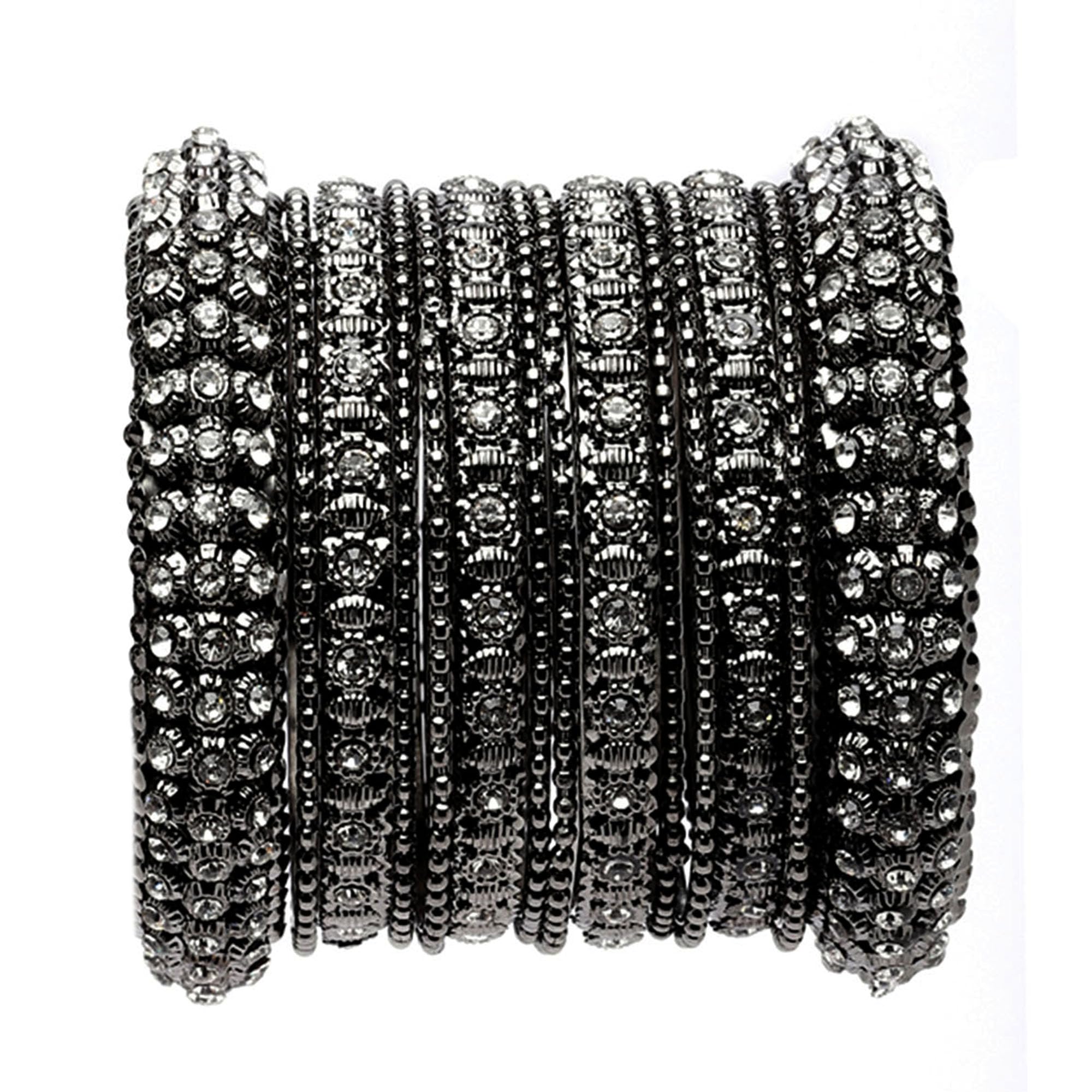 Oxidised Silver-Plated Black Toned White Artificial Stones studded Bangles Jewellery Set with Girls and Women (Set Of 14)-image-31