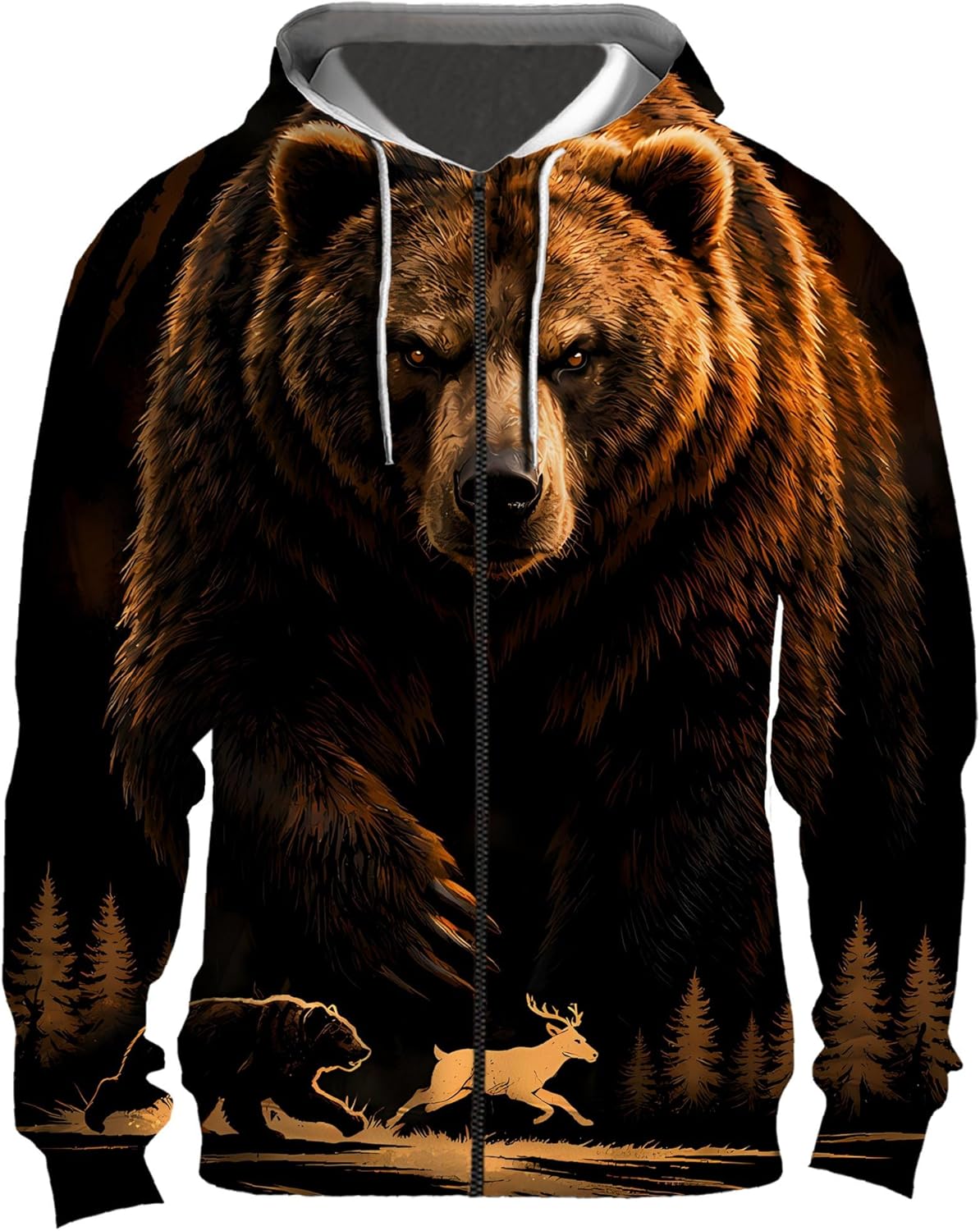 Fashiononly Grizzly Bear Hunting Deer Graphic Pullover Hoodie Men Women Unisex Wild Forest Gift