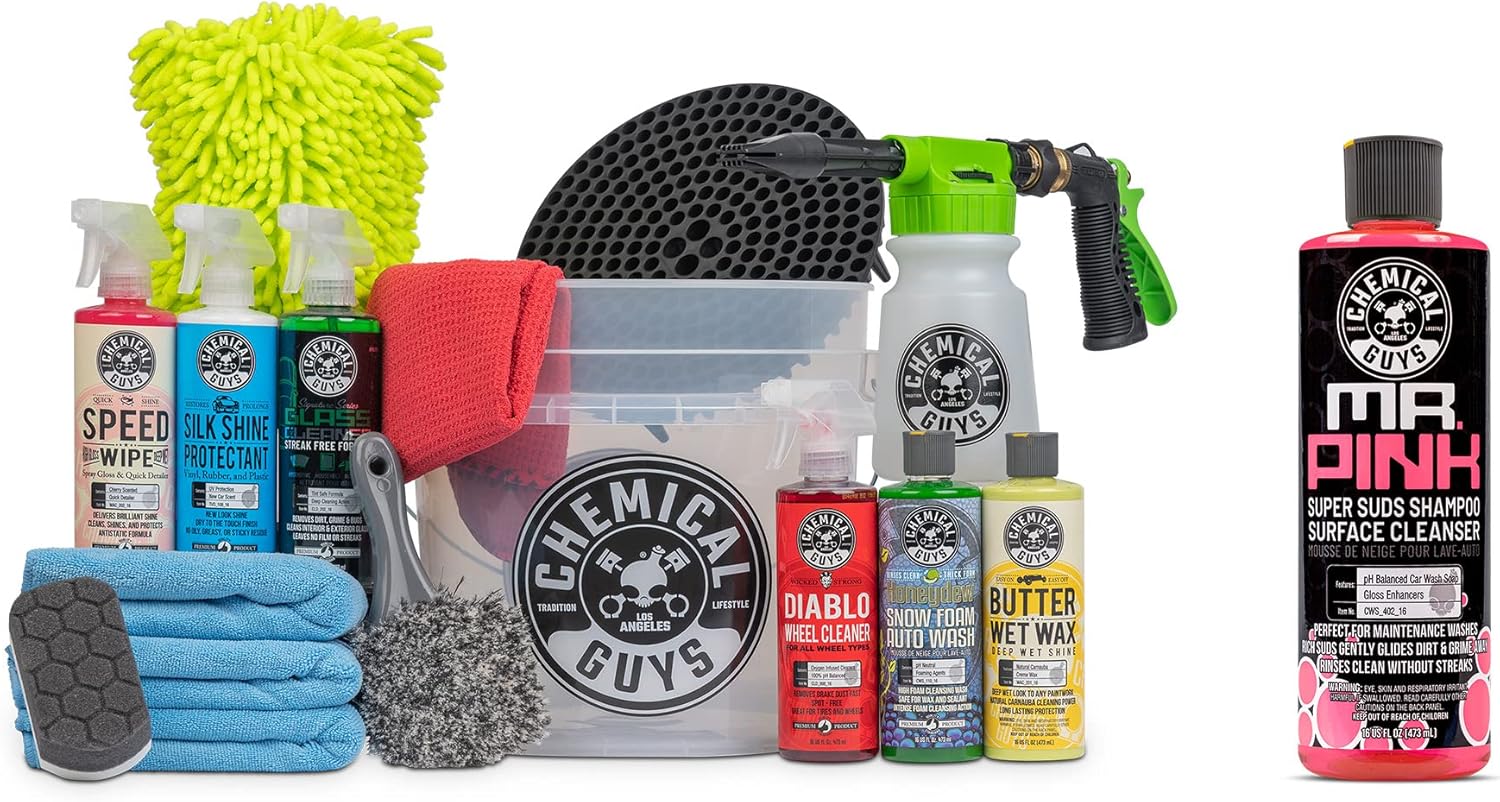 Chemical Guys CWS_402_16FG 10-Piece Arsenal Builder Car Wash Kit, Foam Gun, Bucket (3) 16 oz Car Care Cleaning Chemicals (Works w/Garden Hose) with Mr. Pink Foaming Car Wash Soap, 16 oz