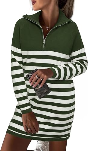Newshows Women's Winter Sweater Dress 2025 Striped Long Sleeve Lapel Collar Chun