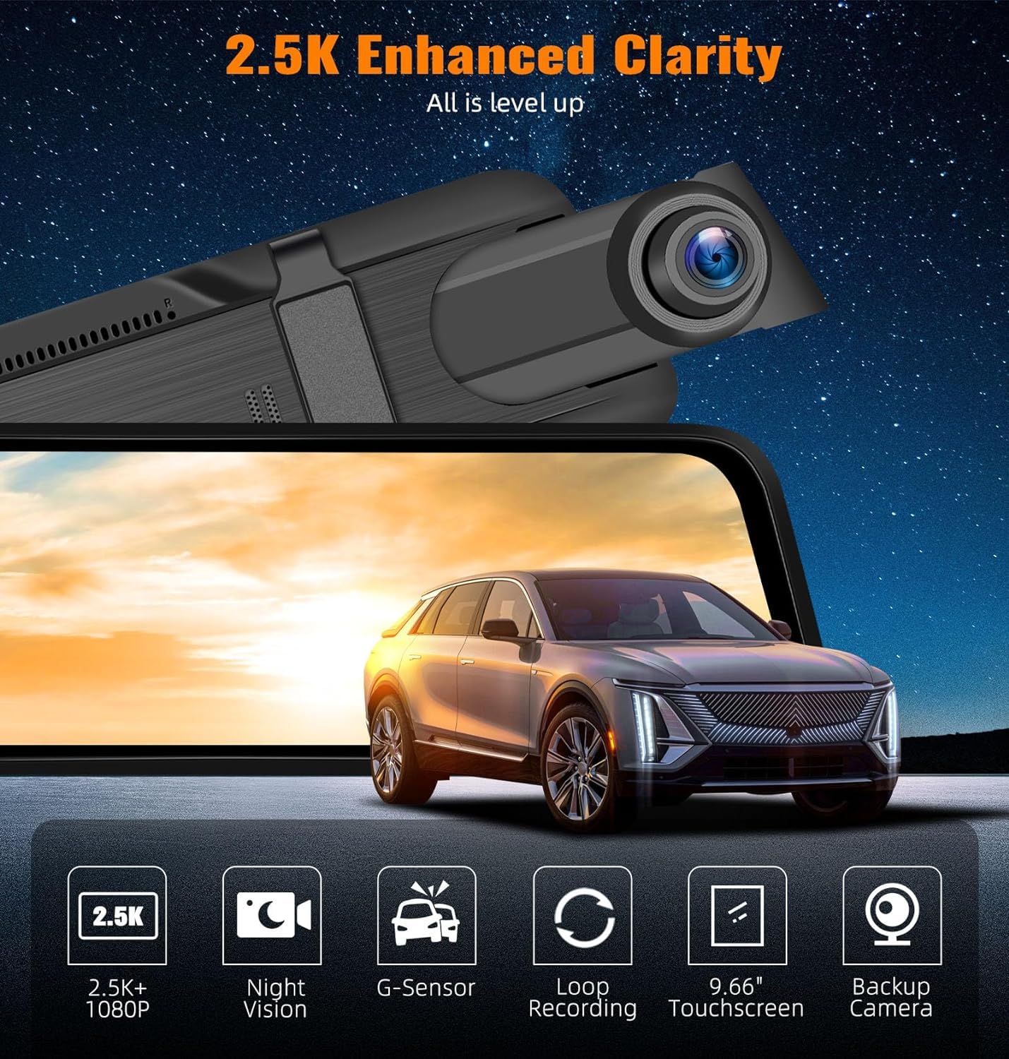 CAMECHO Cámara de visión Trasera Delantera con Espejo de 9,66 Pulgadas y 2,5 K con Tarjeta de 64 GB, cámara de Respaldo con Espejo retrovisor con Pantalla táctil Full HD de 1080P con visión Nocturna