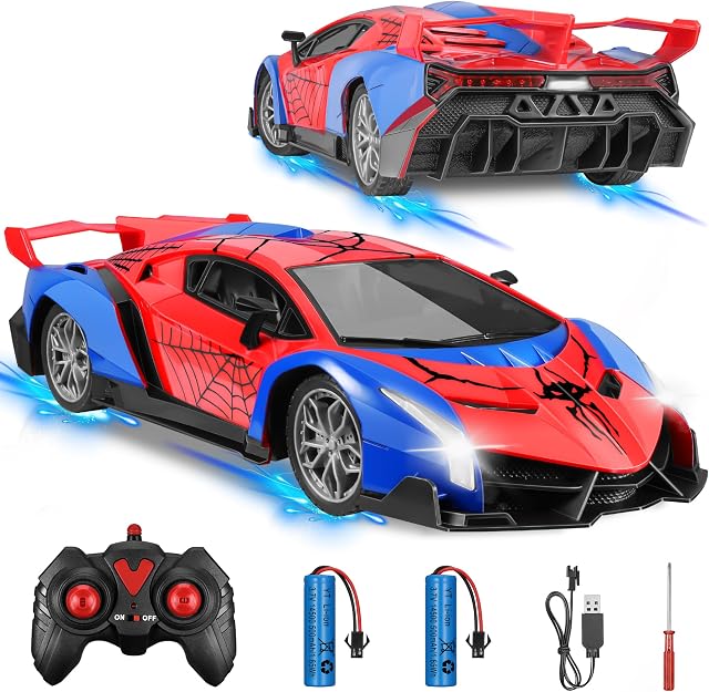 Kssvzz Spider Voiture de télécommande, voiture radio contrôlée de 2,4 GHz, 15KM/H Haute vitesse RC Voitures à moteur avec LED Lumières, Anniversaire Cadeaux idéaux pour les enfants Garçons Filles Age 4-7 8-12 ans