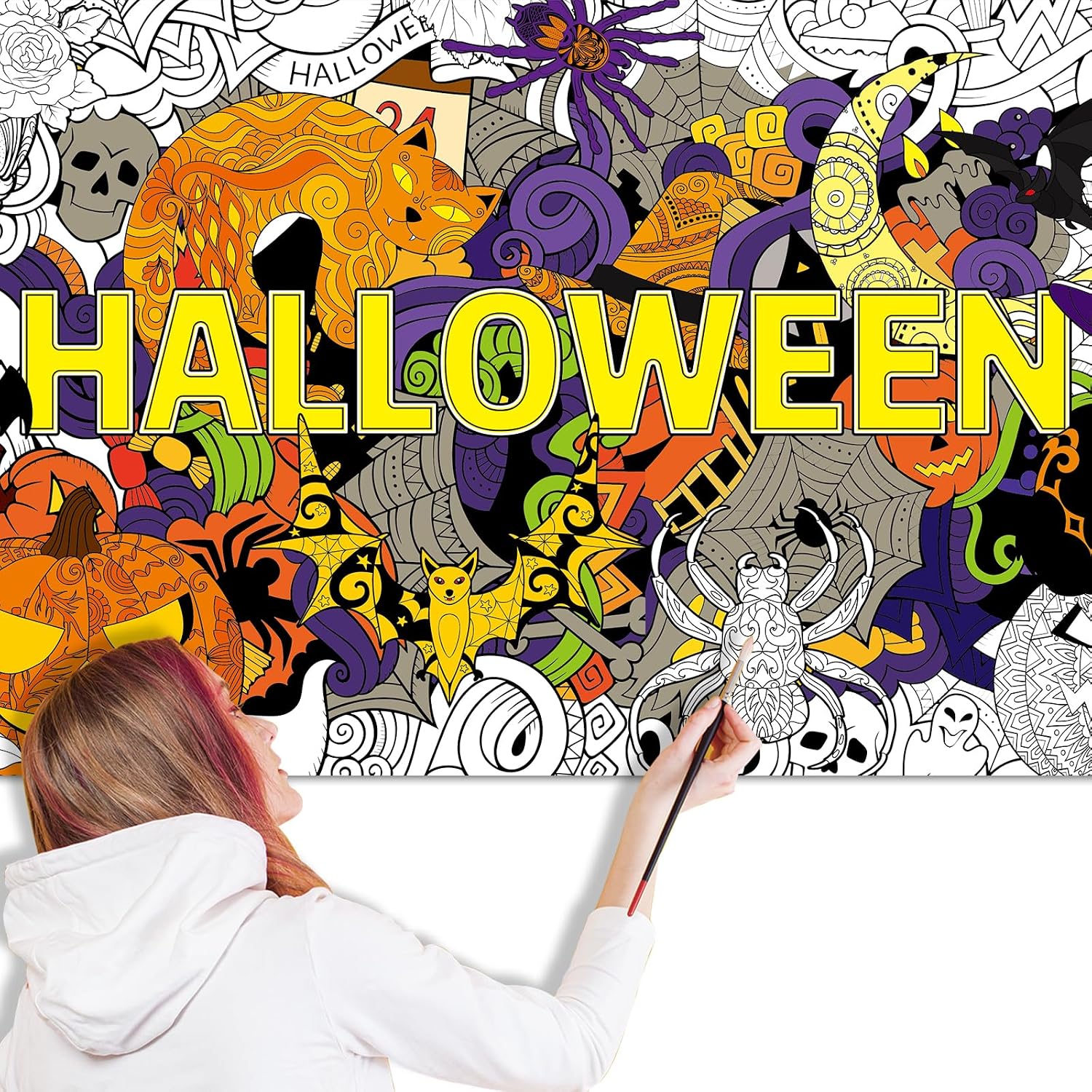 ZOIIWA Halloween Giant Mandala Coloring Posters for Kids Adult Halloween DIY Drawing Coloring Tablecloth Mandala Holiday Coloring Poster for Home School Wall Decor Drawing Games DIY Painting Crafts