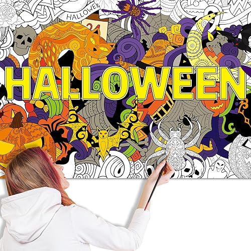 Miniatura 7 de ZOIIWA Póster gigante de Halloween para colorear de mandala para niños y adultos, Halloween, bricolaje, dibujo, mantel para colorear, mandala,