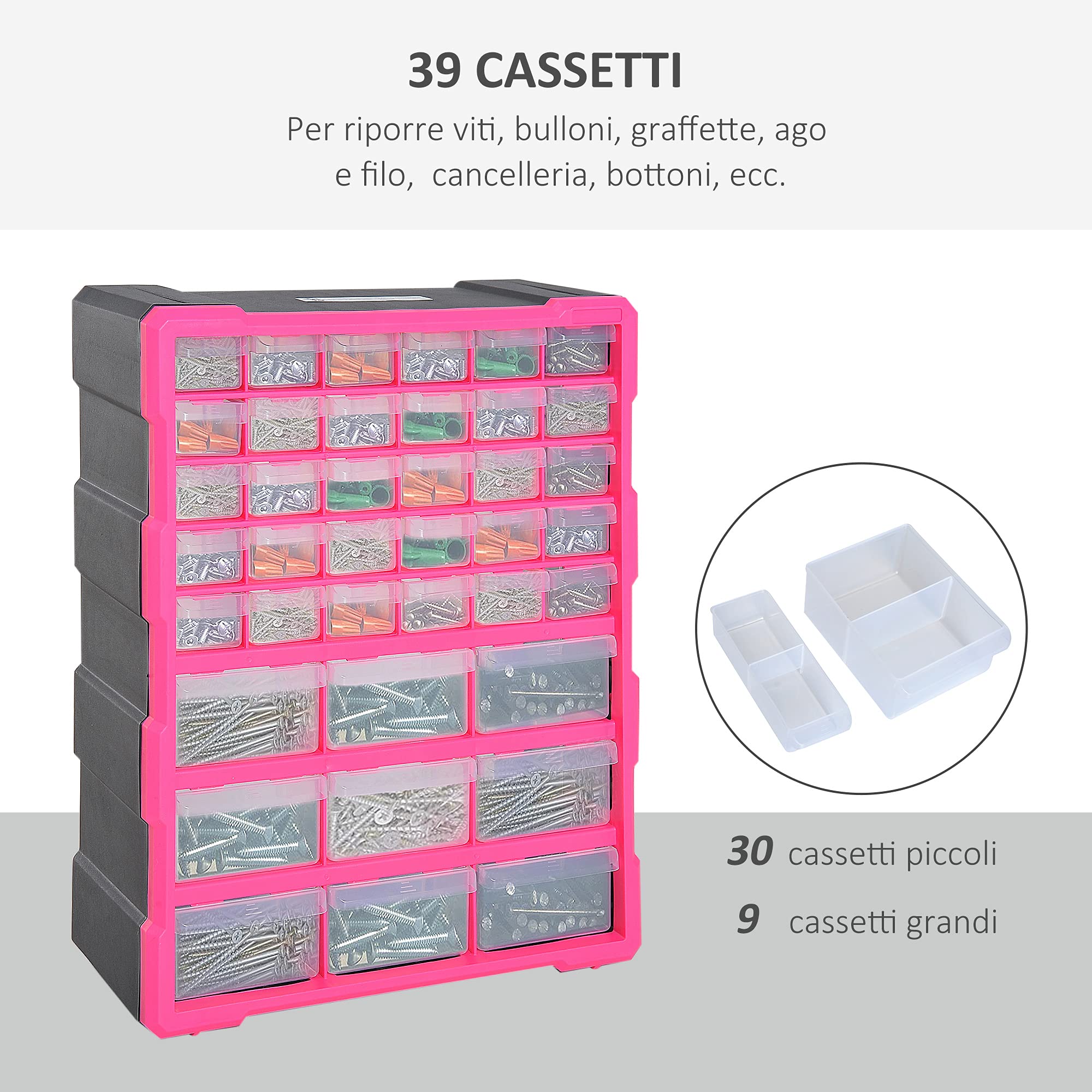 DURHAND Cajonera de plástico con 39 cajones transparentes, montaje en pared o en el suelo, 38 x 16 x 47,5 cm, rosa