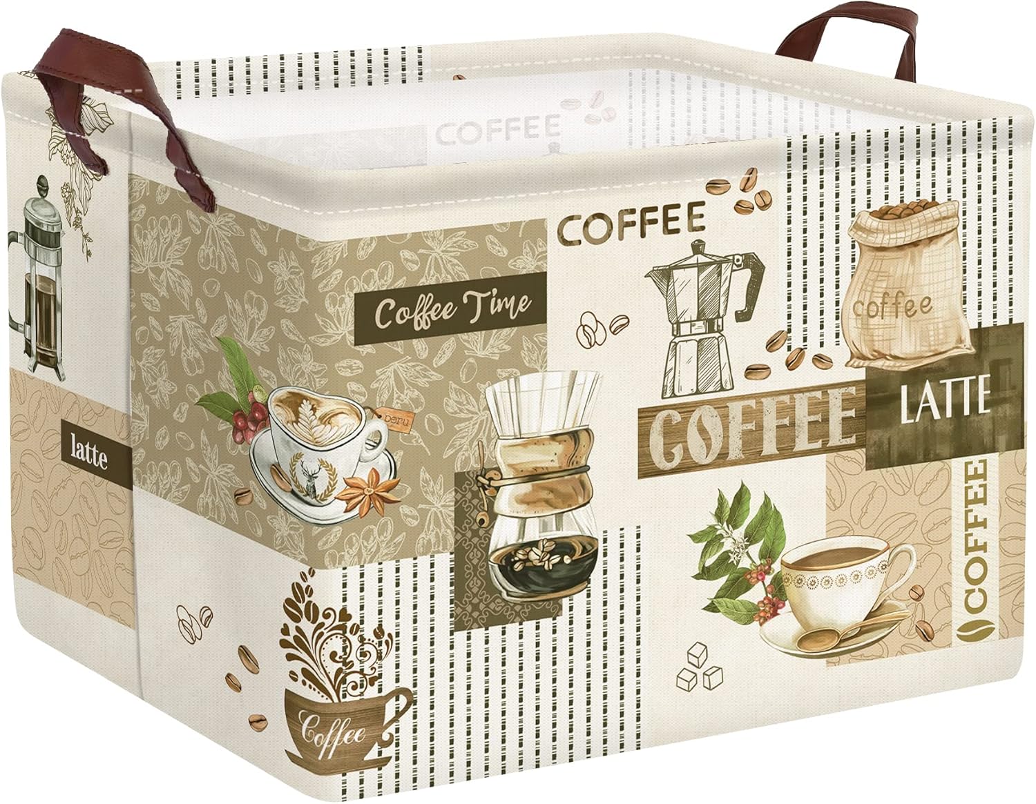 Clastyle Cesta de almacenamiento grande con temática de café, taza de granos de café, aperitivos, cocina, cesta rectangular marrón para ropa, libro