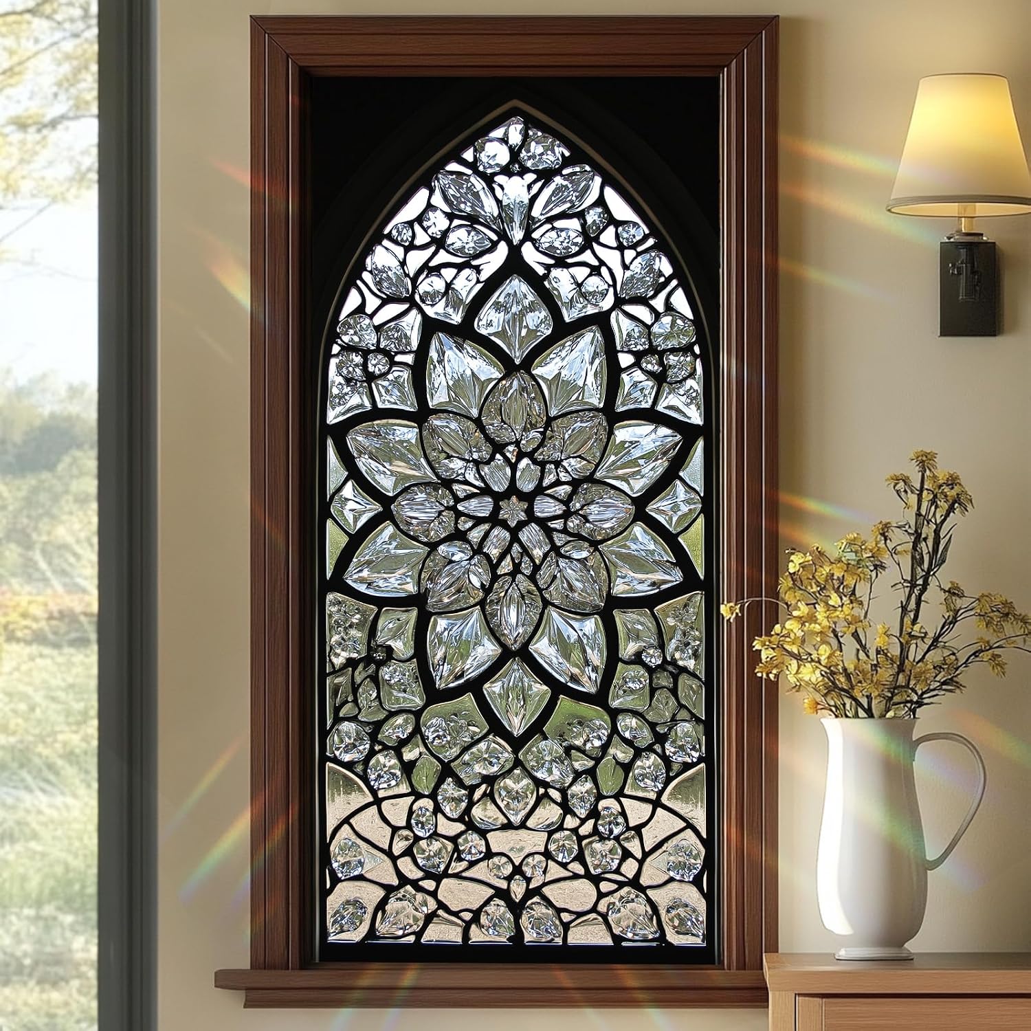 Crystal Stained Glass Window Film 17.7 x 39.3 Inch Cathedral Style Privacy Static Cling Decorative Window Sticker No Glue UV Blocking Elegant Window Cover for Bathroom Kitchen Office