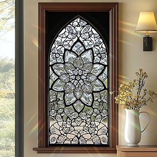 Crystal Stained Glass Window Film 17.7 x 39.3 Inch Cathedral Style Privacy Static Cling Decorative Window Sticker No Glue UV Blocking Elegant Window Cover for Bathroom Kitchen Office