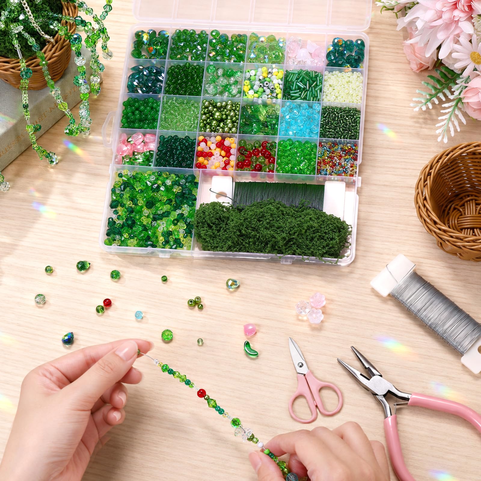 DEMIUKO Kit di perline di vetro verde per realizzare cesti pensili con