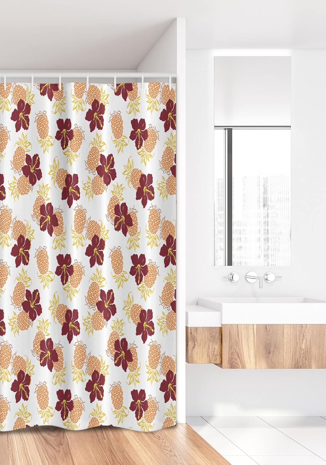 Ambesonne Pineapple Stall Shower Curtain, Hibiscus and Pineapples Tropical Fruits Garden Hawaiian Cheerful Design Art, Fabric Bathroom Decor Set with Hooks, 36" W x 72" L, Amber Burgundy