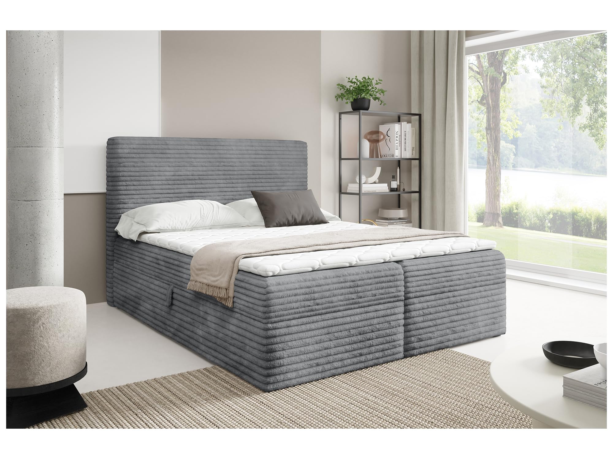MEBLINI Boxspringbett mit Bettkasten - 160x220 - H4/Grau Cordstoff - Talia - Gepolstert Doppelbett mit Matratze und Topper - Polsterbett mit Stauraum - Bett mit Kopfteil - Stauraumbett