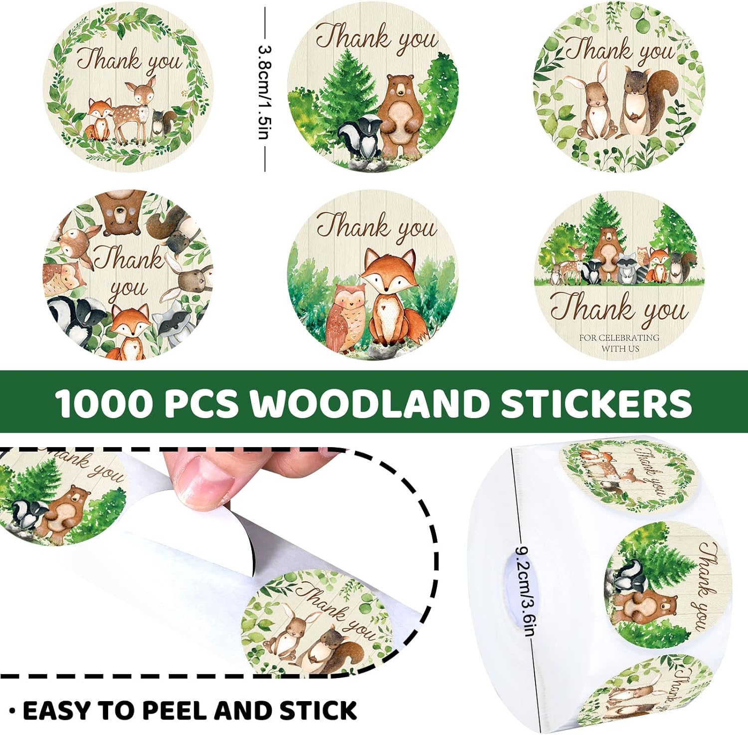 Whaline 1000Pcs Woodland Baby Shower Thank You Stickers Forest Creature Thank You Stickers Wild Animals Self-Adhesive Round Decals for Birthday Baby Shower Party Favor Labels Decor, 6 Design - Image 2