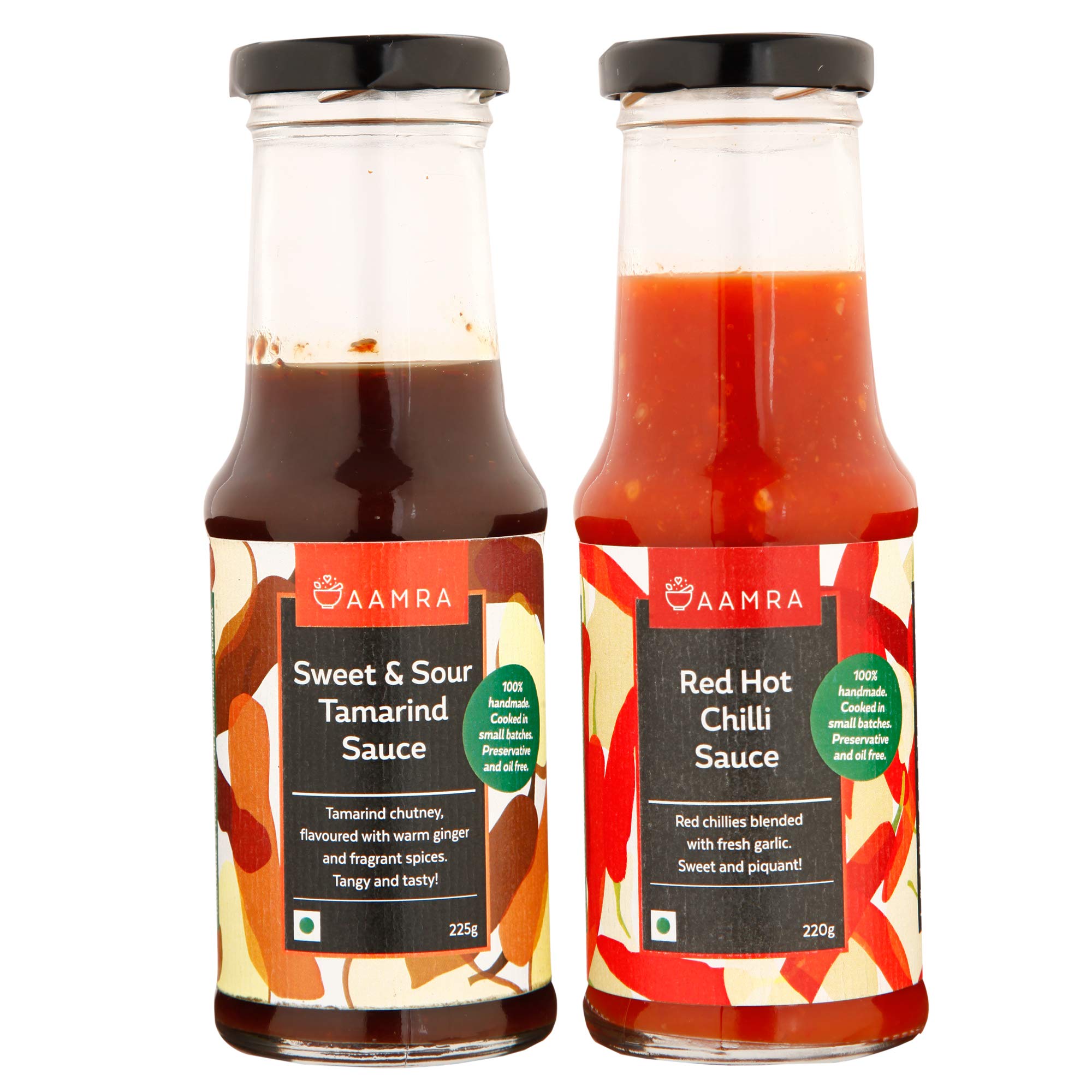 Aamra Natural Homemade Red Hot Chilli Sauce(220gm) and Sweet & Sour Tamarind Sauce(225gm) Combo of 2