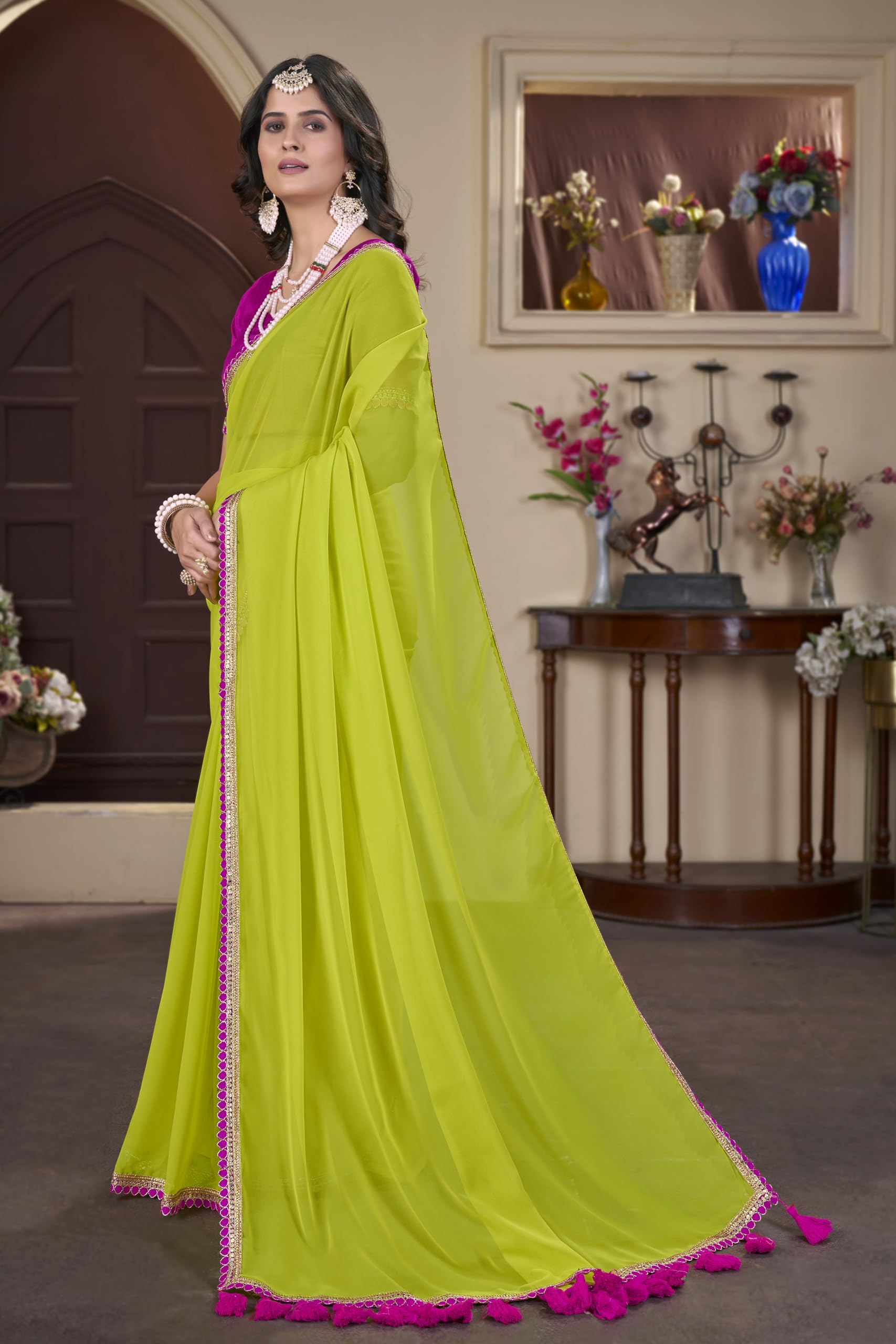 Glory Sarees Women's Georgette Pumpum Lace Border Saree With Blouse Piece (Pumpum_101_Green) 2