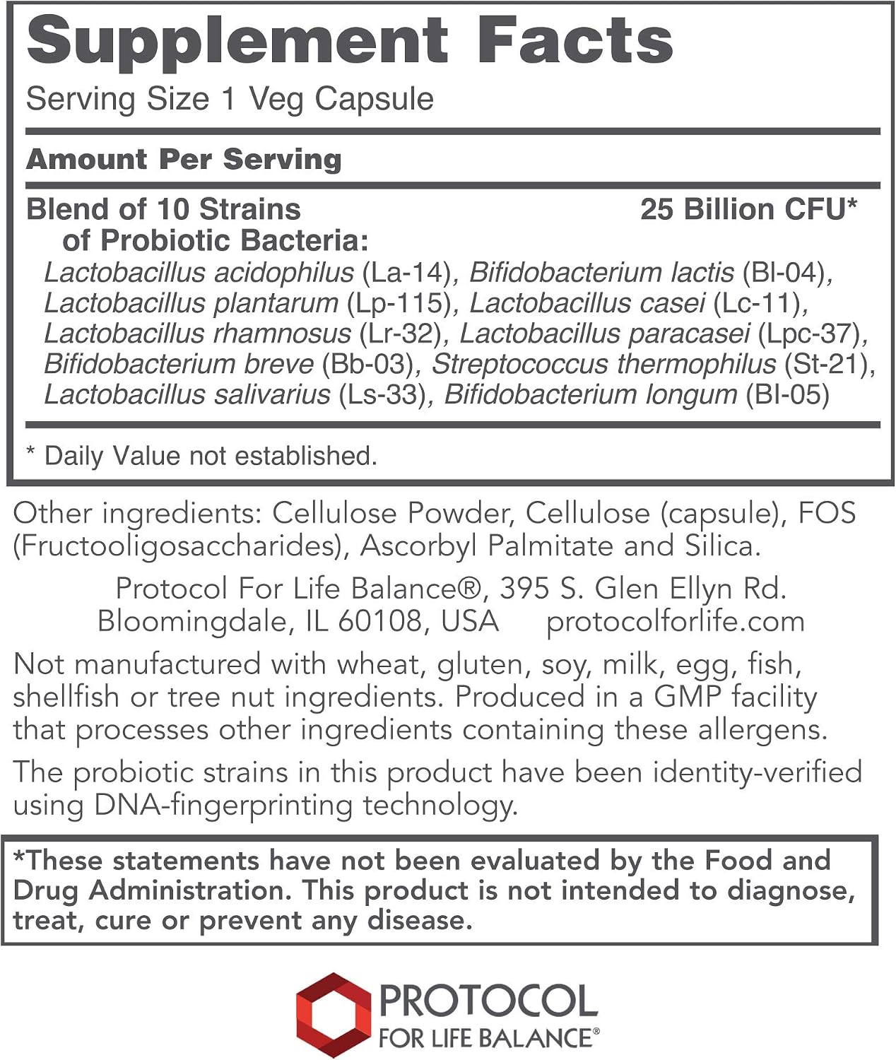 PROTOCOL FOR LIFE BALANCE - ProtoDophilus - 25 Billion, 10 Strains - Healthy Intestinal Probiotic Flora to Support Digestive Function and Immune Health - 50 Veg Capsules
