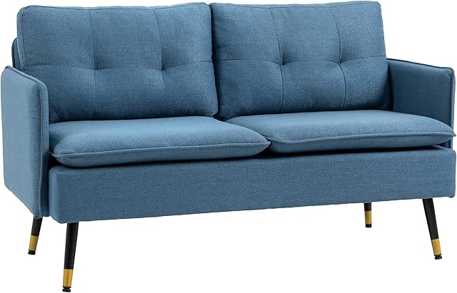 HOMCOM 2 Seater Sofas for Living Room, Fabric Couch, Button Tufted Love Seat with Cushions, Dark Blue