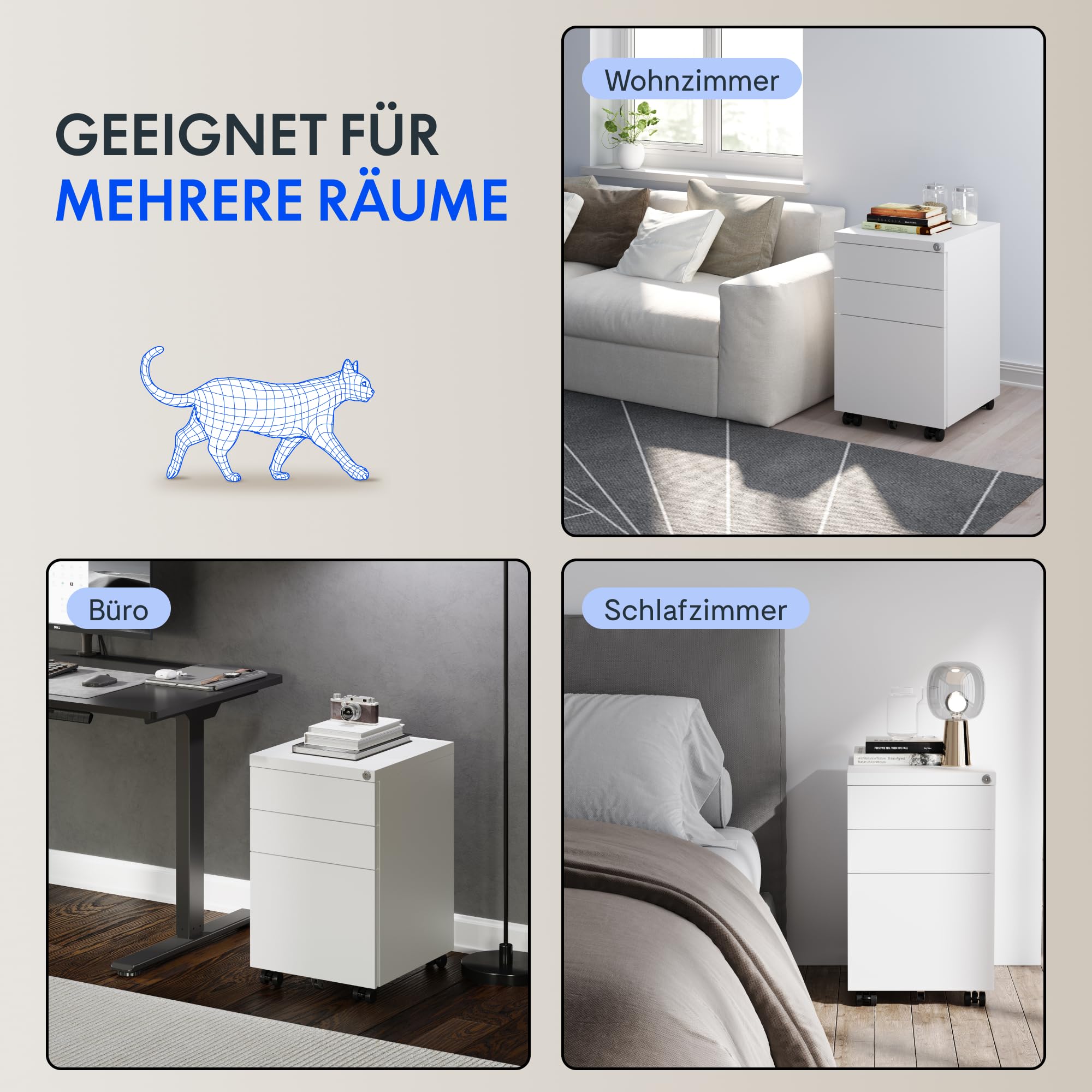 FlexiSpot Rollcontainer mit 3 Schubladen, mobiler Aktenschrank mit Rollen, Schubladenschrank Büroschrank Schreibtisch Unterschrank mit Schlüsselschloss und Anti Kipp für Büro Zuhause, Weiß