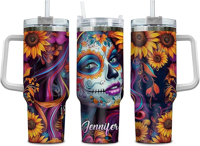 Personalized Sugar Skull 40 oz Tumbler Gifts with Handle and Straw, Floral Sugar Skull Gifts for Women on Birthday, Christmas, Halloween, Custom Name Insulated Stainless Steel Travel Cup