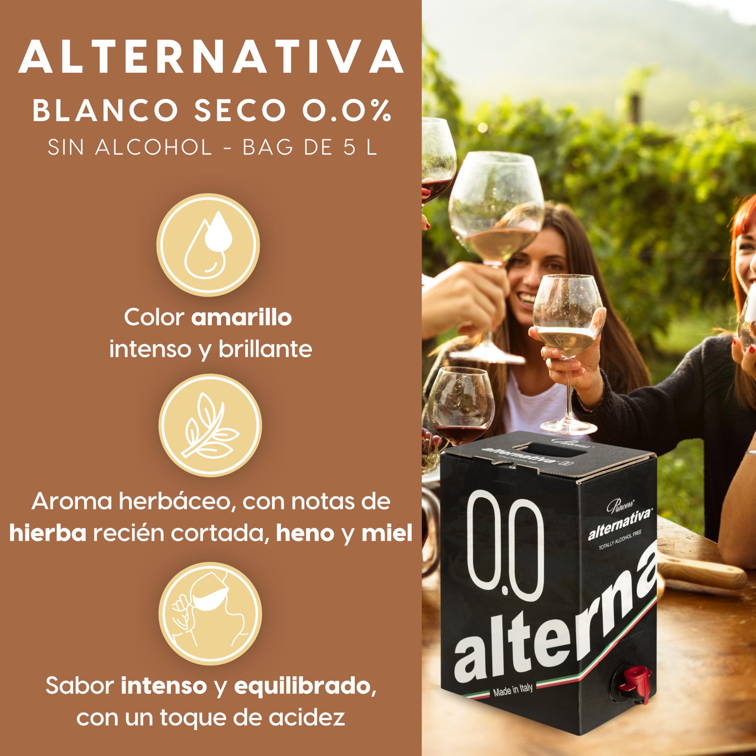 ALTERNATIVA Bag in Box 5L Blanco Seco Sin Alcohol 0,0% - Made in Italy | Bebida Desalcoholizada Premium Ideal para Celebraciones, Regalos y Momentos Especiales