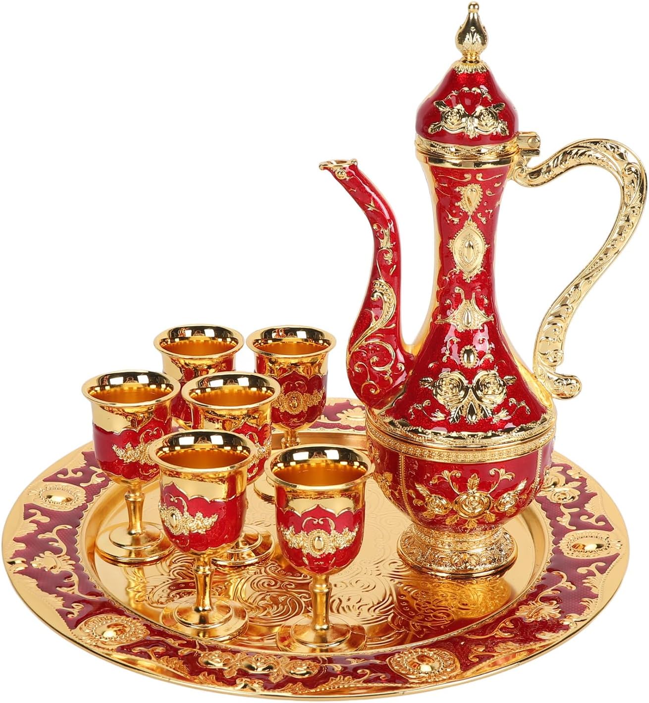 LiebeWH European Style Turkish Coffee Set 6 Zinc Alloy Cups with Pot and Tray for Home and Cafe (Gold Red)