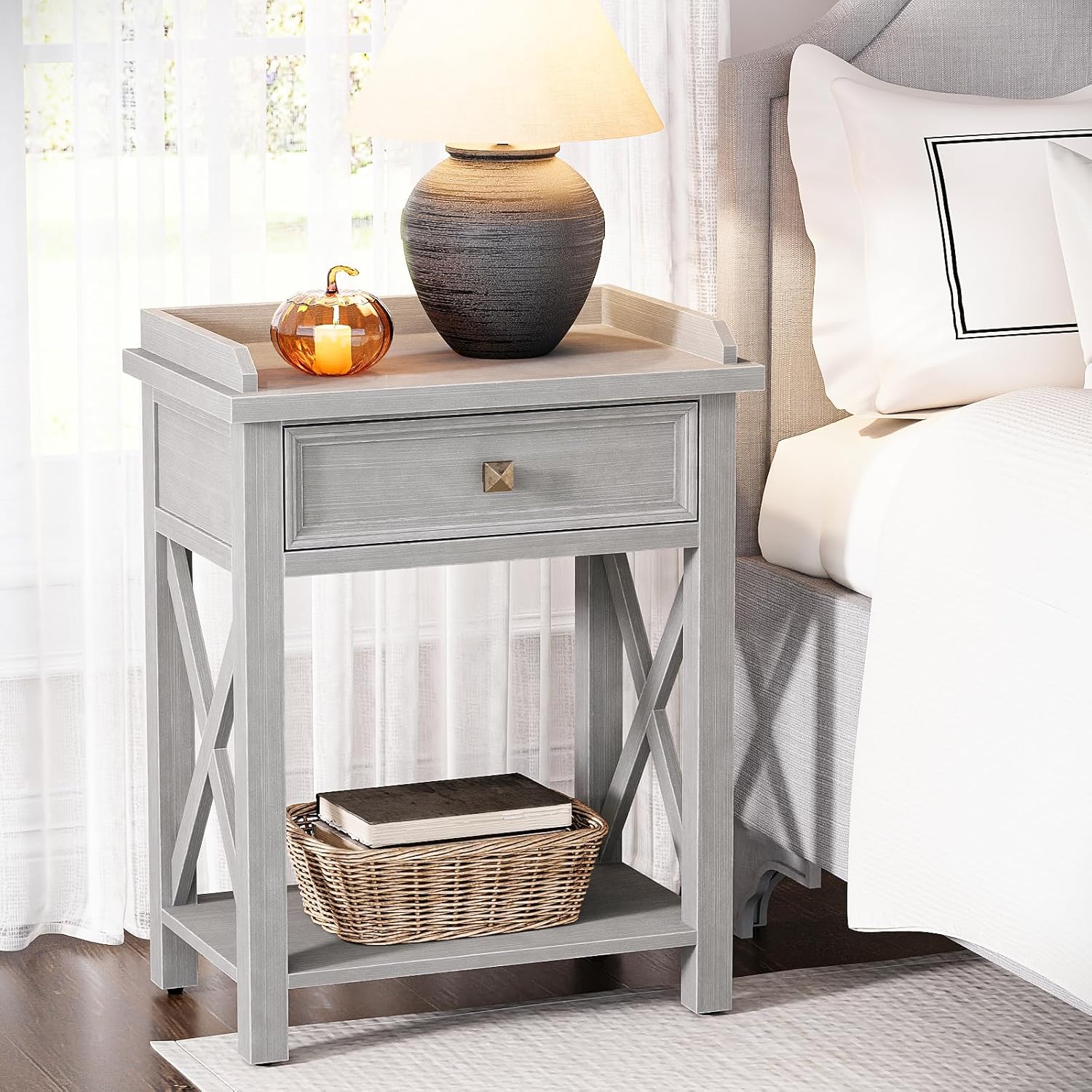 karlott 28" Tall Nightstand with Charging Station, Wood Night Stand with Pre-Assembled Drawer, Painted Bedside Table with Storage Shelf, Farmhouse Accent Side Table for Bedroom, Living Room, Grey