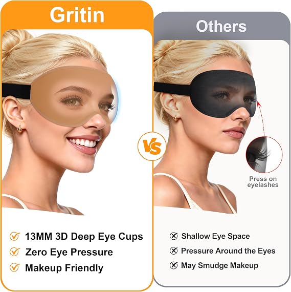 Gritin 3D Sleep Masks for Men & Women, 100% Blackout Eye Mask with Deep Contoured Eye Cups for Side Sleepers, Adjustable Elastic Strap, Soft Breathable Fabric & Earplugs for Sleeping, Traveling-Brown