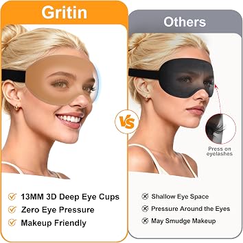 Gritin 3D Sleep Masks for Men & Women, 100% Blackout Eye Mask with Deep Contoured Eye Cups for Side Sleepers, Adjustable Elastic Strap, Soft Breathable Fabric & Earplugs for Sleeping, Traveling-Brown