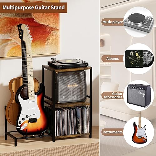 Miniatura 4 de End Table with Guitar Stand,Record Player Stand,Vinyl Records Storage,2-Tier Guitar Stand for Acoustic,Turntable Stand for Music Studio-Brown