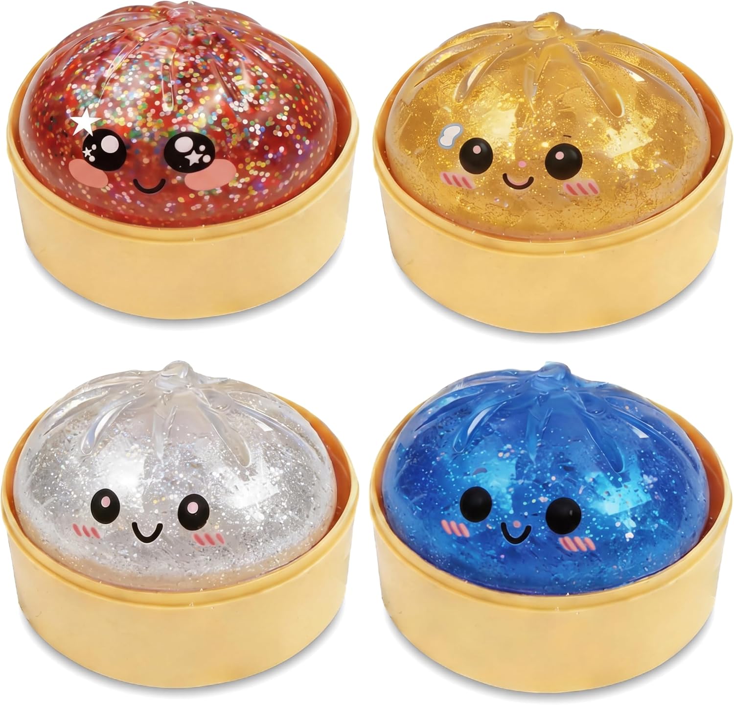 Glitter Dumpling Stress Relief Set (4 Pack), Jumbo Slow Rising Soft Squeeze Desk Accessory with Steamer Box, Sparkling Relaxation Fidget for Office & Home, Desktop Decor