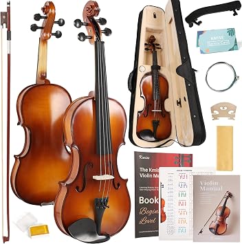 Kmise Violin 1/2 Size Starter Kit for Students Beginners Adults, Quality Ebony Acoustic Fiddle Set with Hard Case, Bow, Rosin, Extra Strings, Shoulder Rest, Guide & Chart