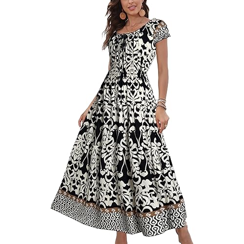 OSTOO Women's 2026 Summer Short Sleeves Boho Floral Print Tiered Casual Flowy Long Maxi Dress