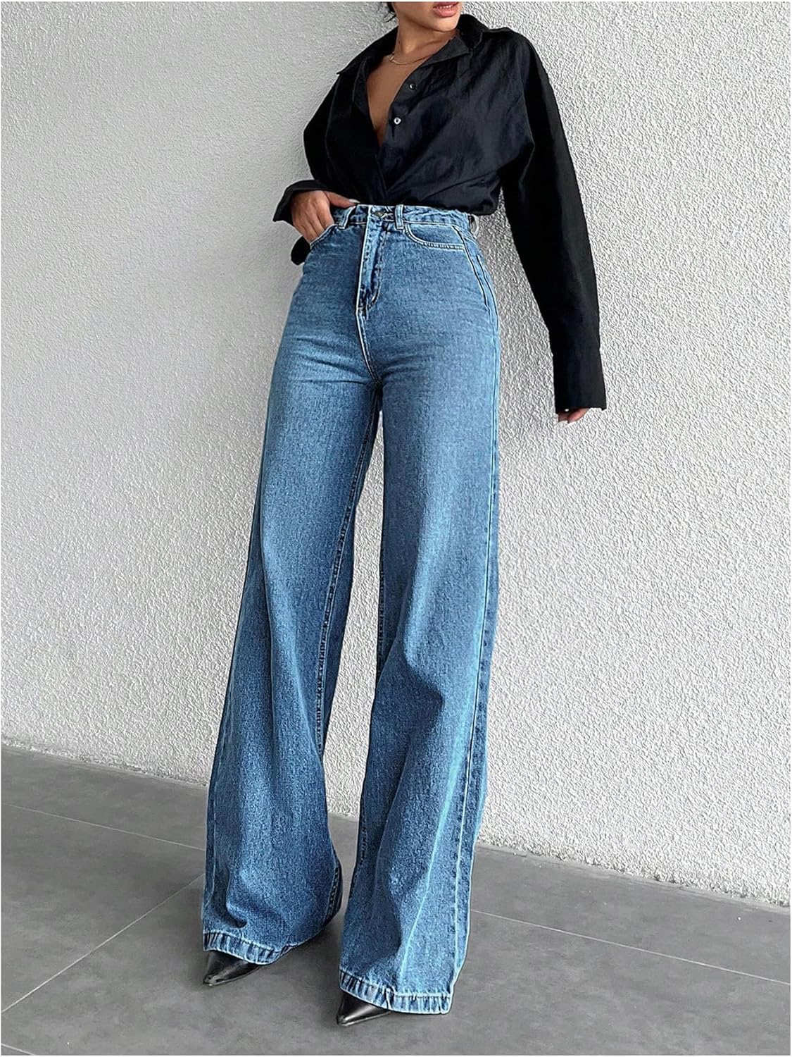 WDIRARA Women's Wide Leg Jeans Loose Baggy Denim Pants Streetwear Boyfriend Jeans