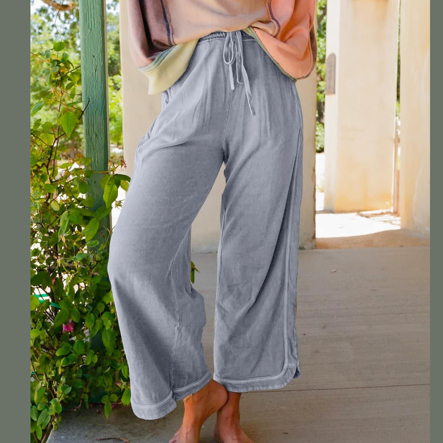 Ainangua Women's Casual Wide Leg Pants High Waist Acid Wash Baggy Palazzo Pants Athletic Lounge Trousers with Pockets - Image 3