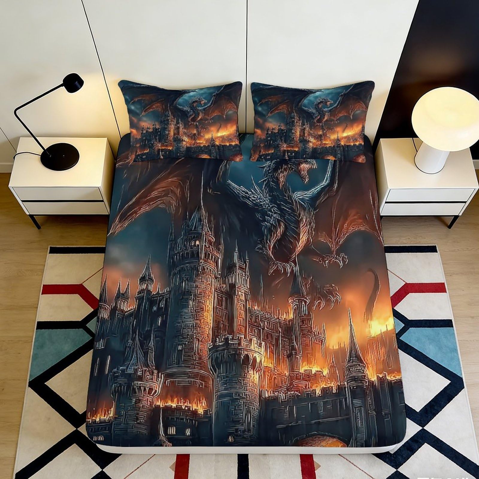 3D Printed Dragon Castle Fitted Sheet Microfiber Soft Durable Fiery Fortress Bed Cover for Bedroom Dormitory Guest Room Mattress Protection 120x200x25cm