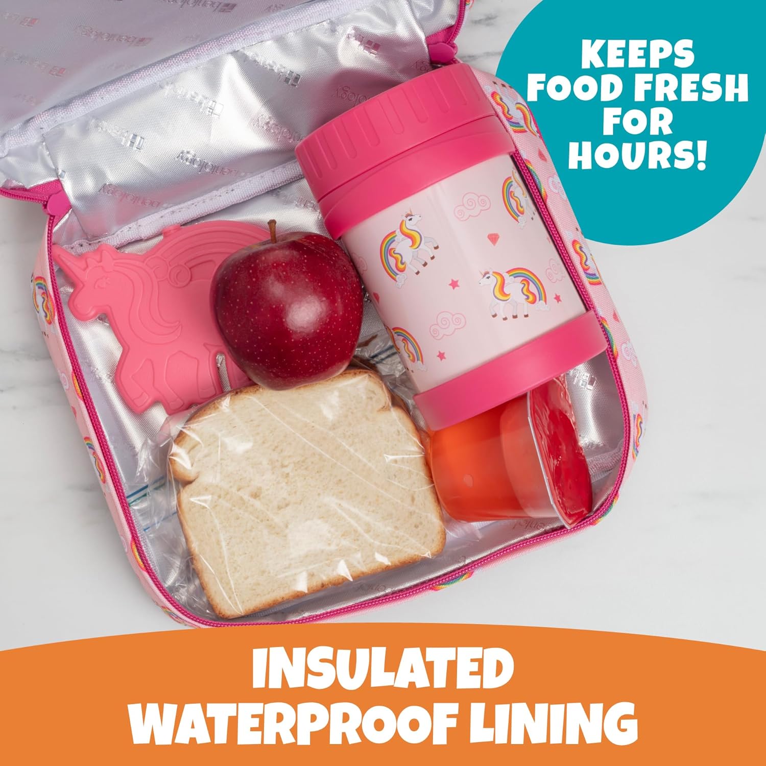 Bentology Insulated Lunchbox Kit w Matching Reusable thermos Food Jar & Hard Freezer Ice Pack- Kids Thermal Lunch Bag w Clip on Handle- Easy to Clean Water-Resistant- Mini Cooler Tote- Back to School