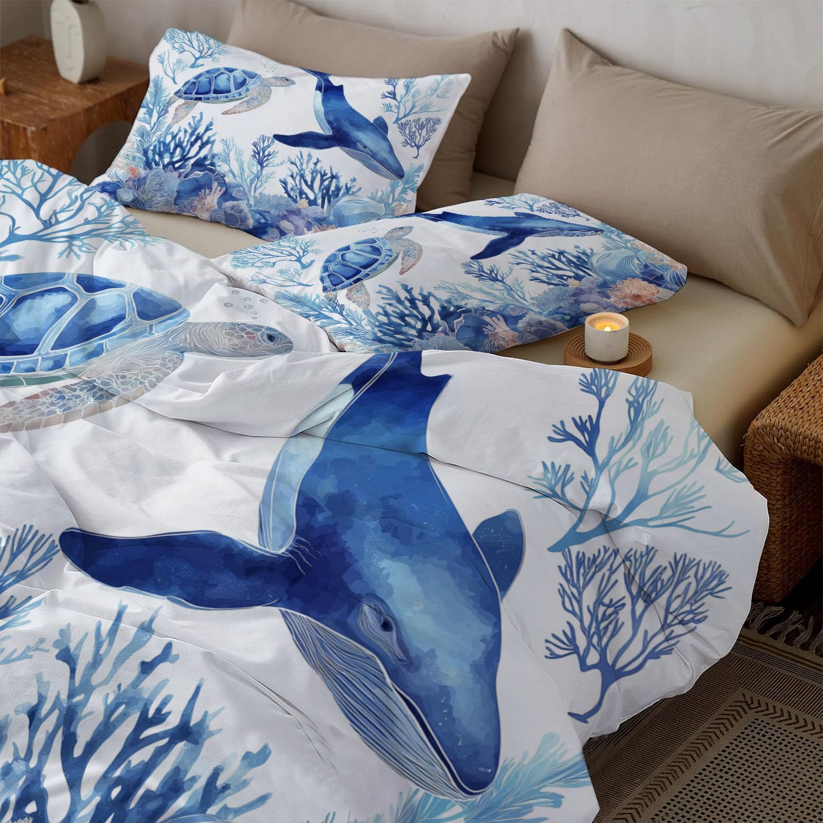 Edredón Azul Invierno Nórdico 200x200 cm, Edredón Tortugas Marinas Ballenas Tacto Suave y Confortable de Microfibra 200g/m2, Edredónes Acuarela Estilo Océano Diseño Reversible con 2 Fundas de Almohada
