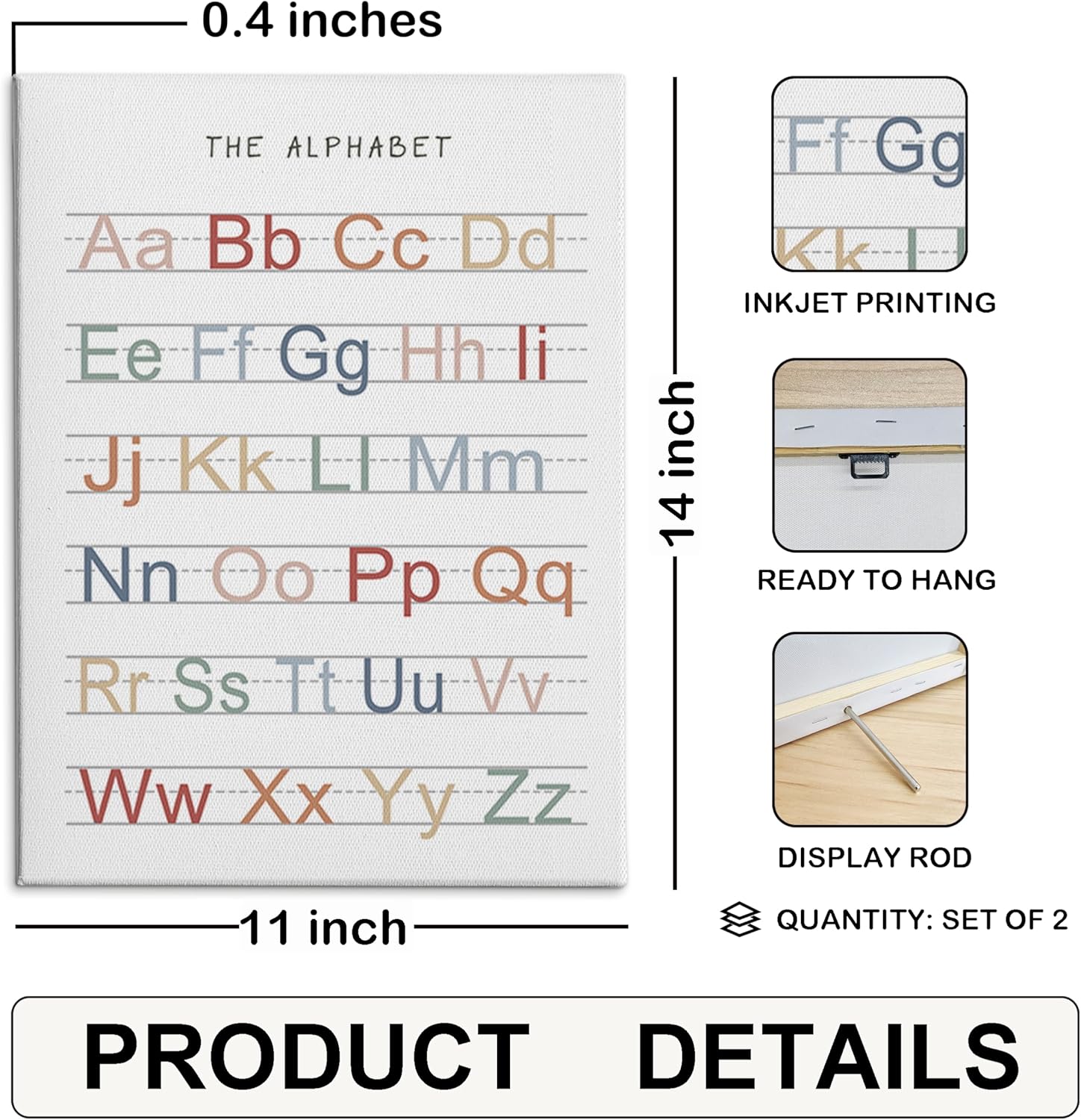 HRQKO Alphabet Numbers Nursery Canvas Wall Art Set of 2, Kids Room Decor Framed Art, ABC Numbers Educational Posters Wall Decor for Classroom Toddler Kids Nursery Bedroom Playroom, 11x14 inch