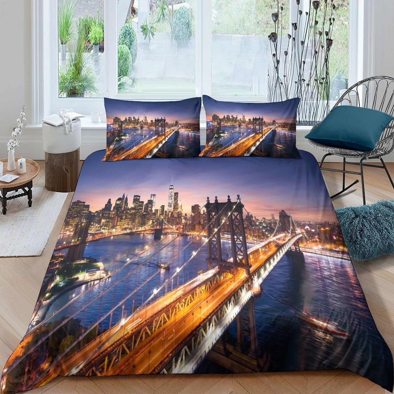 Ctjqhvkz Style-10 3D Printed City Night Skyline Fitted Sheet Microfiber Soft Bed Cover Urban Bridge Bedroom Decor Mattress Protection Single（135X200cm）