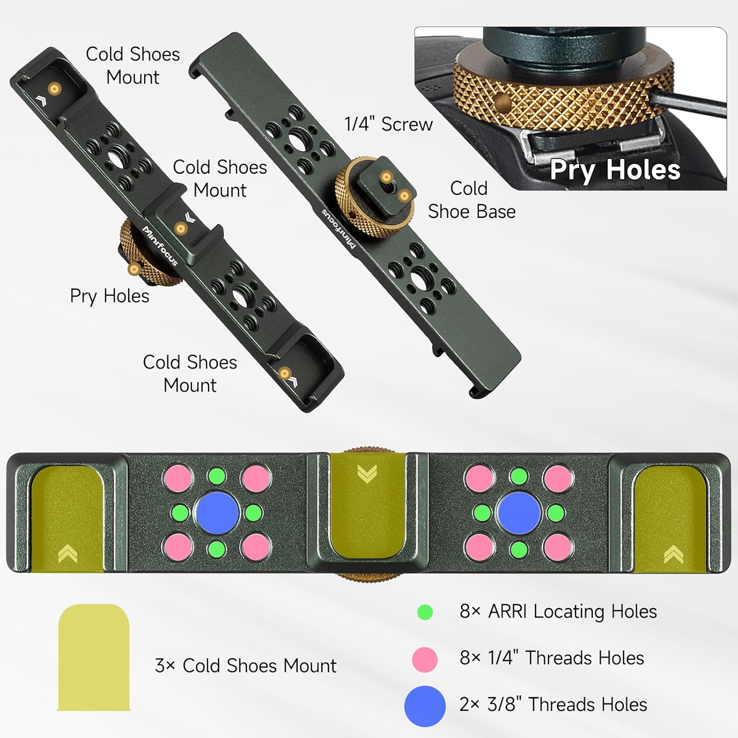 MINIFOCUS Triple Cold Shoe Extension Bar & Camera Hot Shoe Mount Adapter