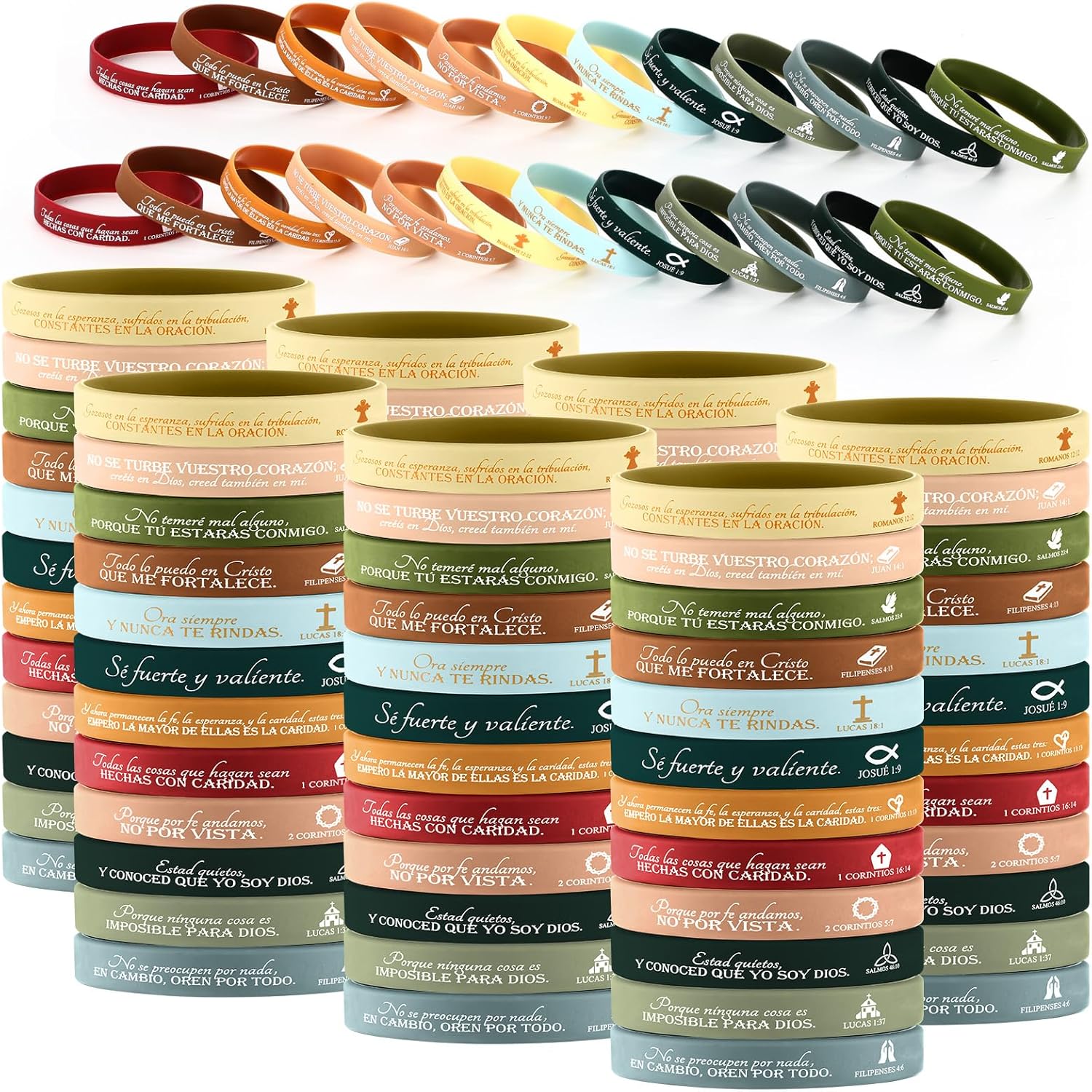 HyDren 120 Pcs Spanish Bible Verse Religious Silicone Wristbands Bulk Bible Rubber Bracelets Colorful Inspirational Christian Rubber Bracelets for Men Women Gifts (Christmas Color)