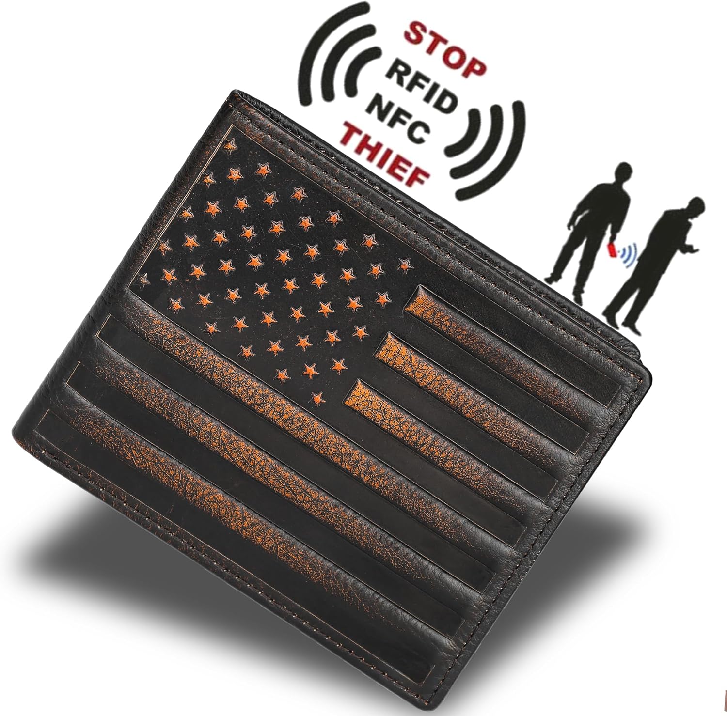 DK86 Mens Wallet USA Flag Bifold Wallet for Men RFID Blocking Full Grain Leather With Hand Burnished Extra Capacity Multiple Card Slots with 2 ID Windows - Image 4