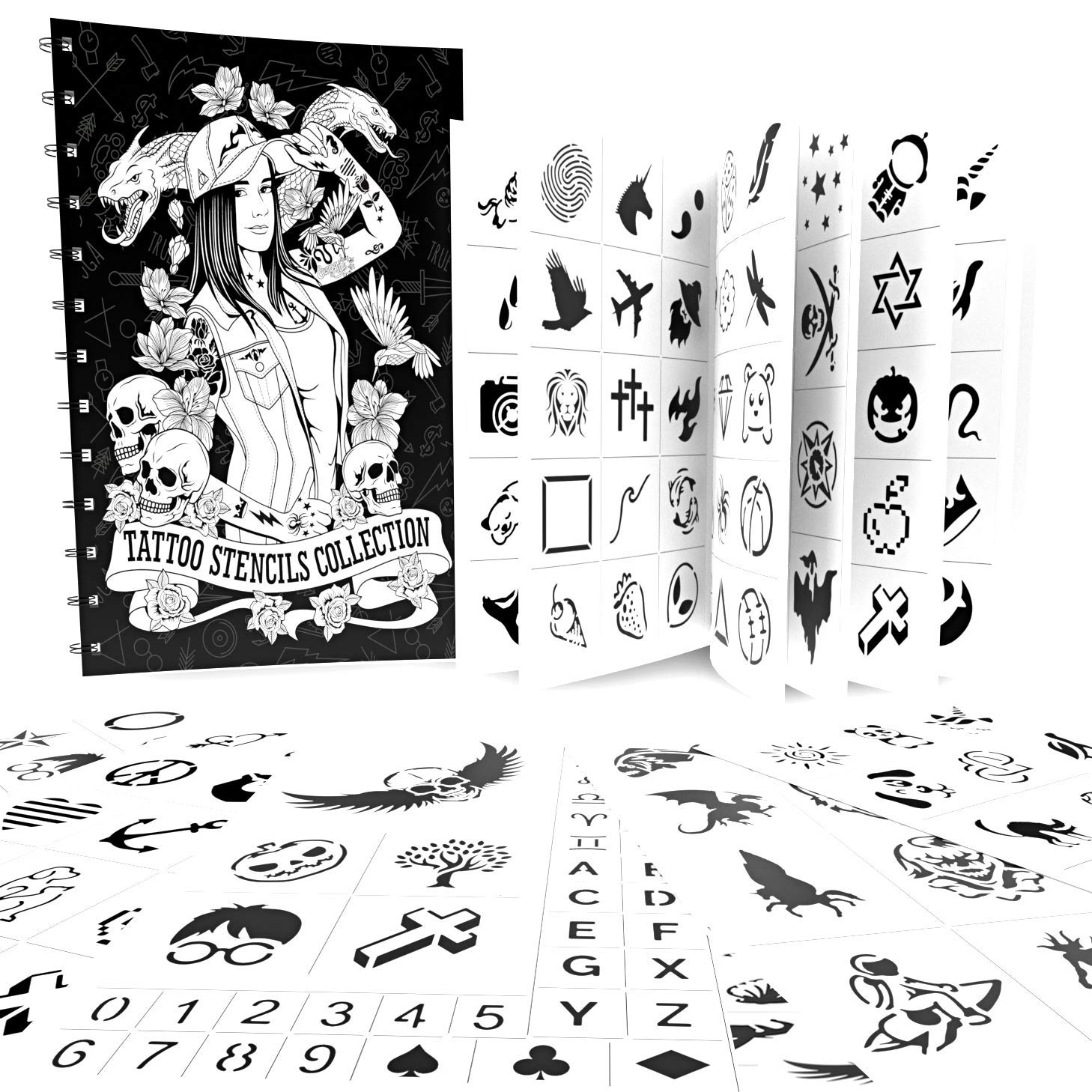 Freehand Ink AND Exclusive 302 Stencils Book, Premium Temporary Tattoo Ink, Natural & Long Lasting (Organic Jagua fruit), No Added Chemicals. Black/Dark Blue. 100% US MFG (1oz+Stencils Book)