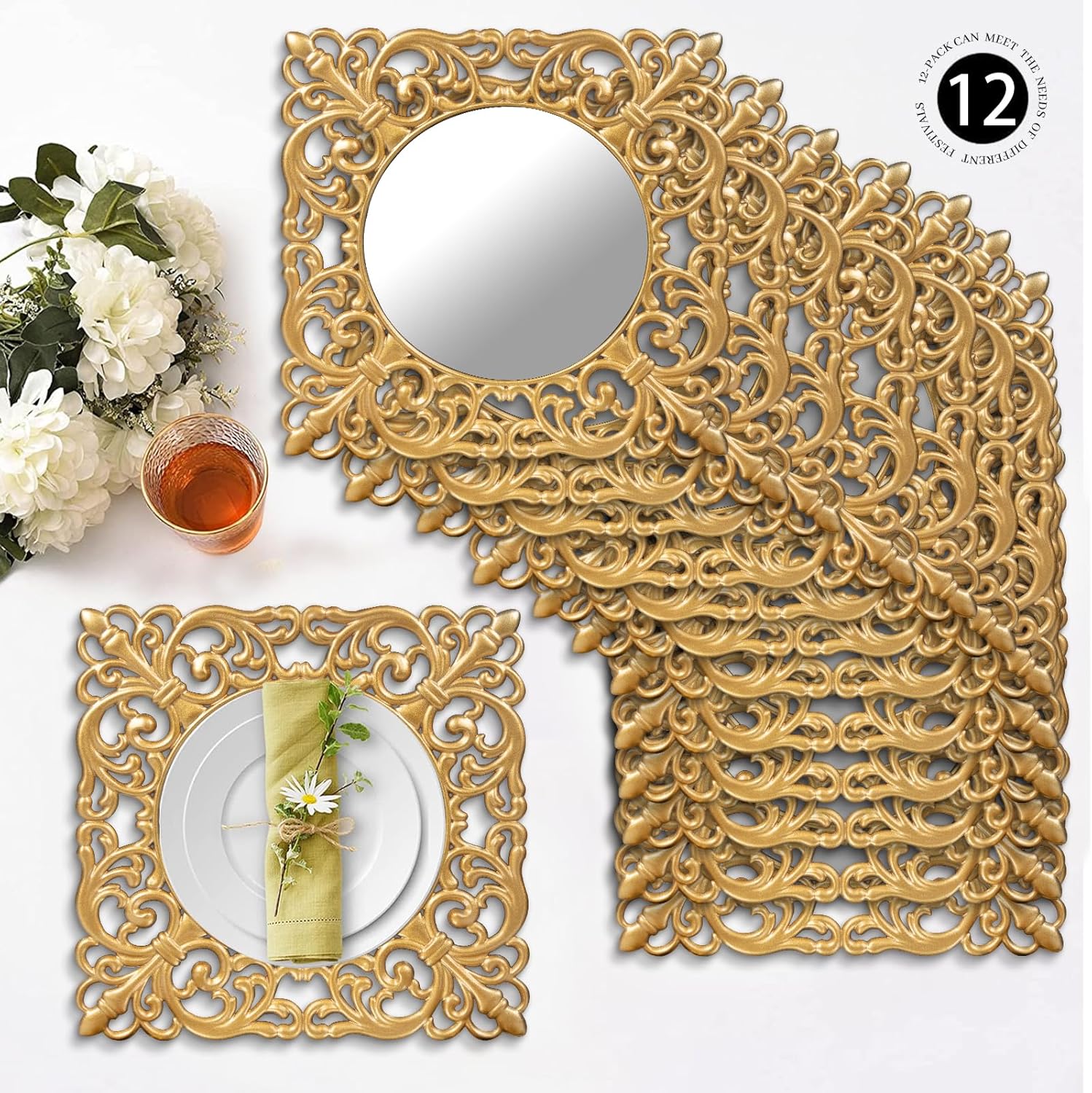 MAONAME 12" Gold Charger Plates Set of 12, Mirror Charger for Dinner Plates, Plastic Plate Chargers with Embossed Rims, Square Chargers for Table Setting, Wedding Square-12PC Gold