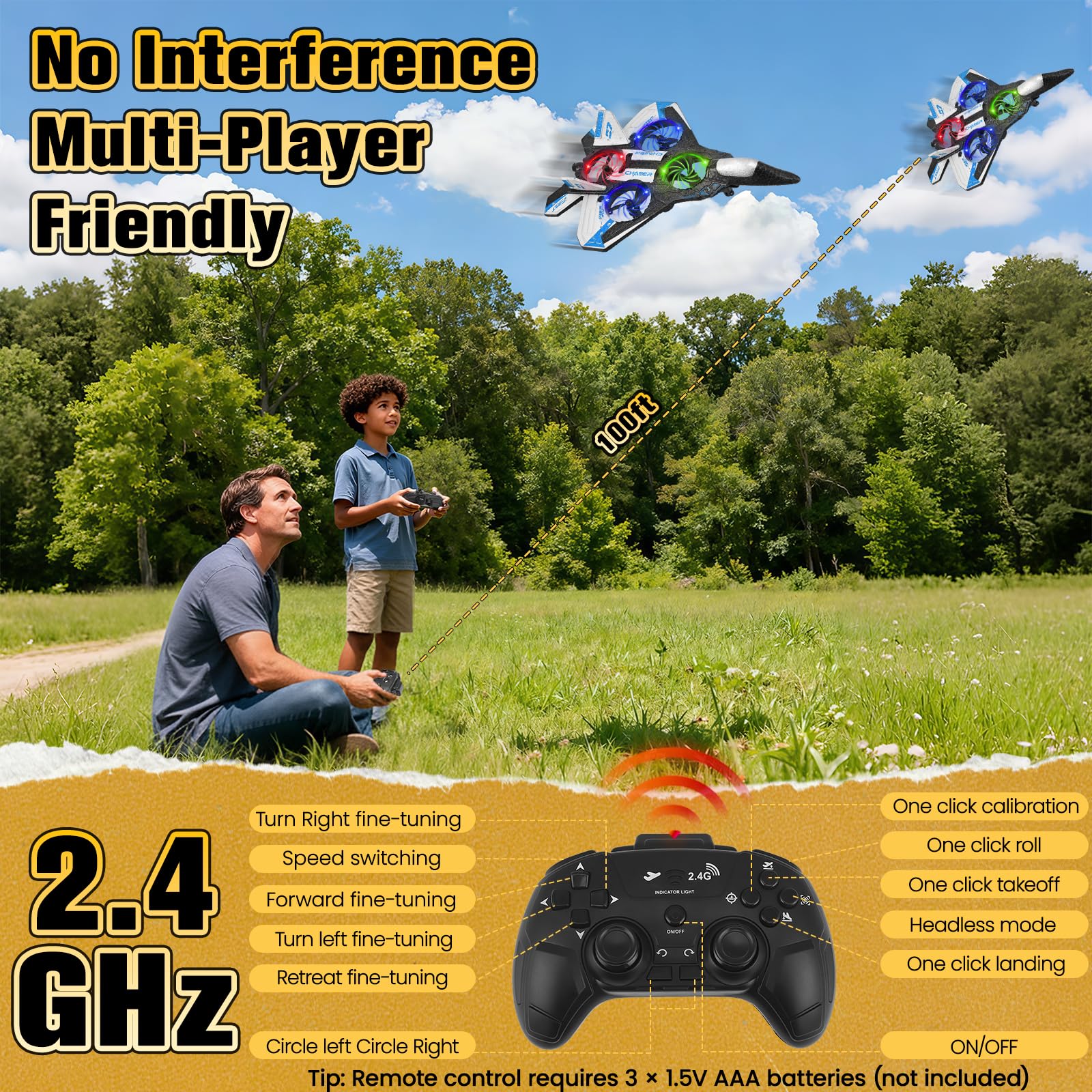 Getto da combattimento 4D RC con illuminazione a LED, 3 modalità di velocità, clip a 360° e rulli acrobazie, 2 batterie ricaricabili, facile da volare per bambini e principianti